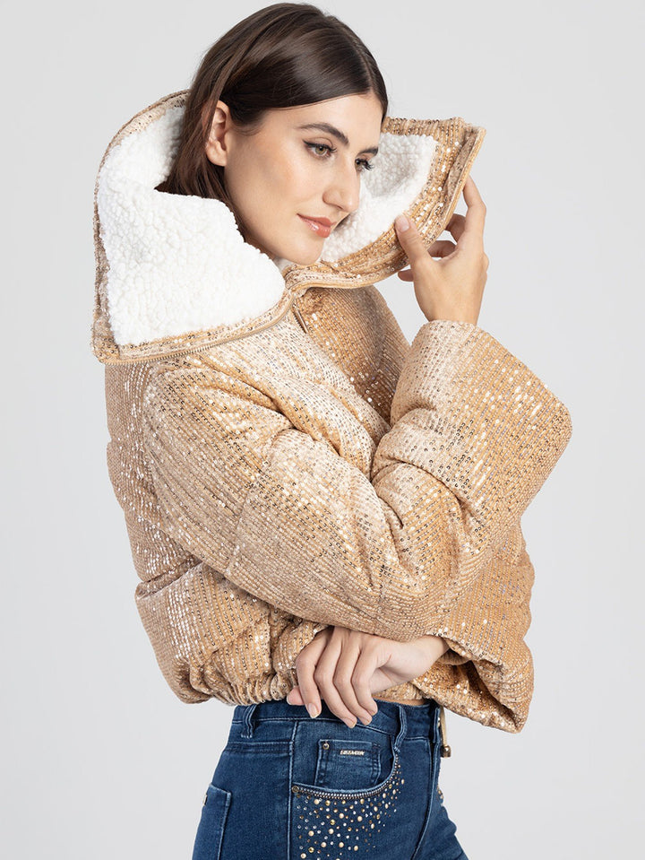 Sequin Sherpa Puffer Jacket - Gold