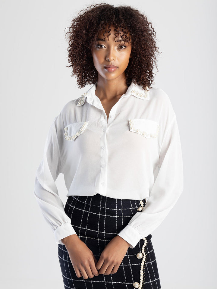 Long Sleeve Shirt With Pearl Detail - Cream