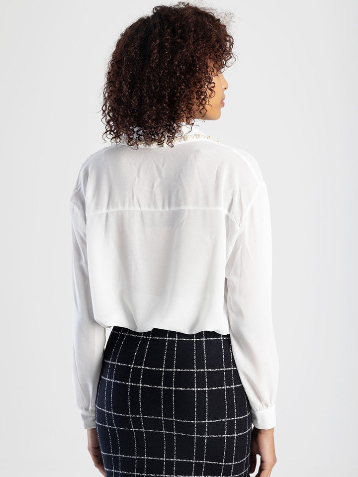 Long Sleeve Shirt With Pearl Detail - Cream