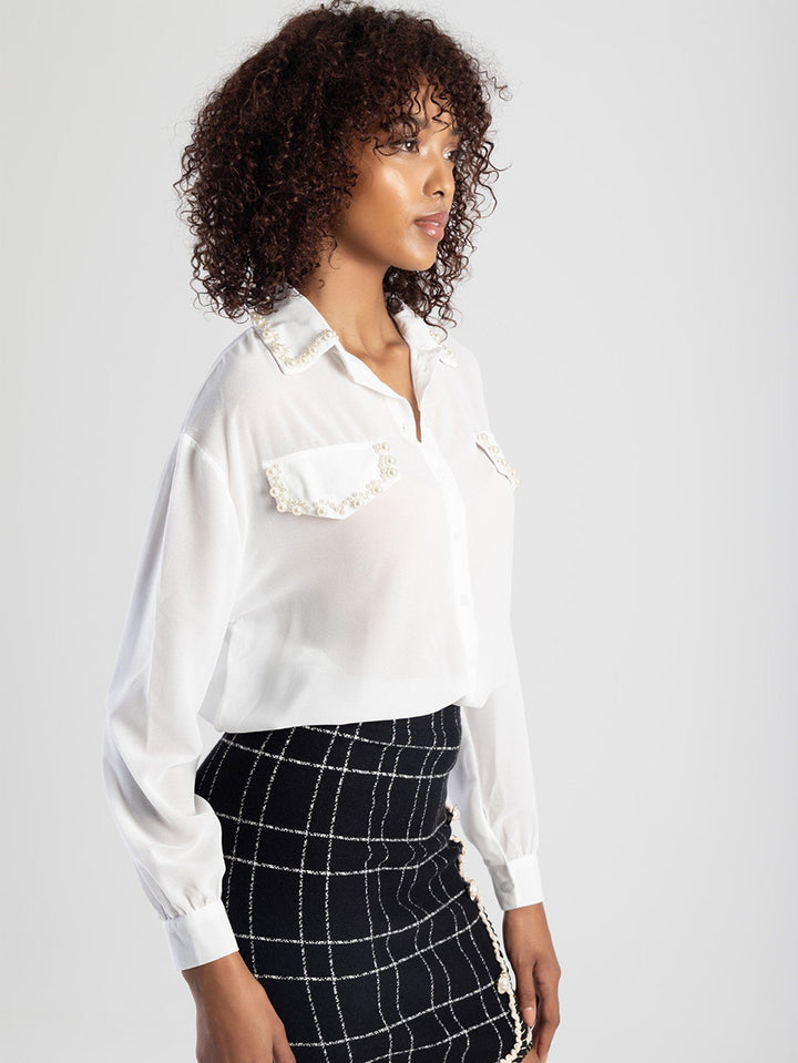 Long Sleeve Shirt With Pearl Detail - Cream