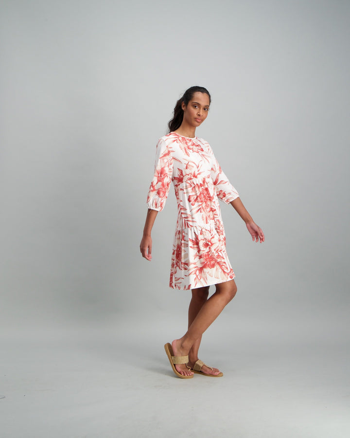 Ladies Tiered Palm Dress - Cream/Rust