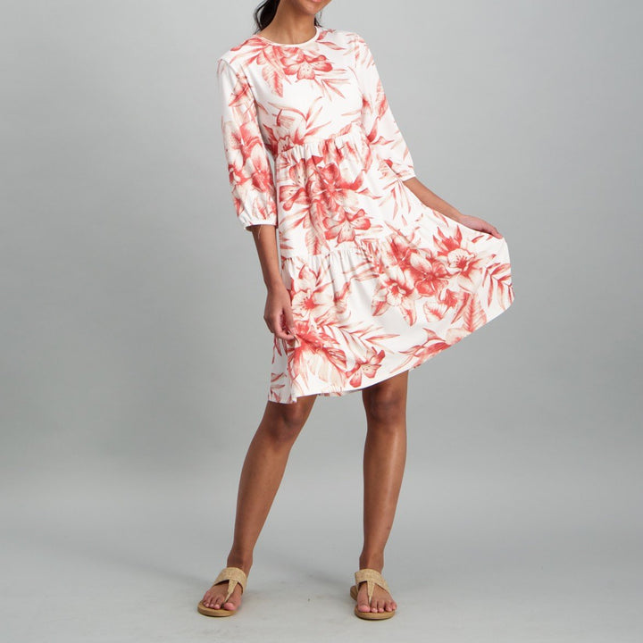 Ladies Tiered Palm Dress - Cream/Rust