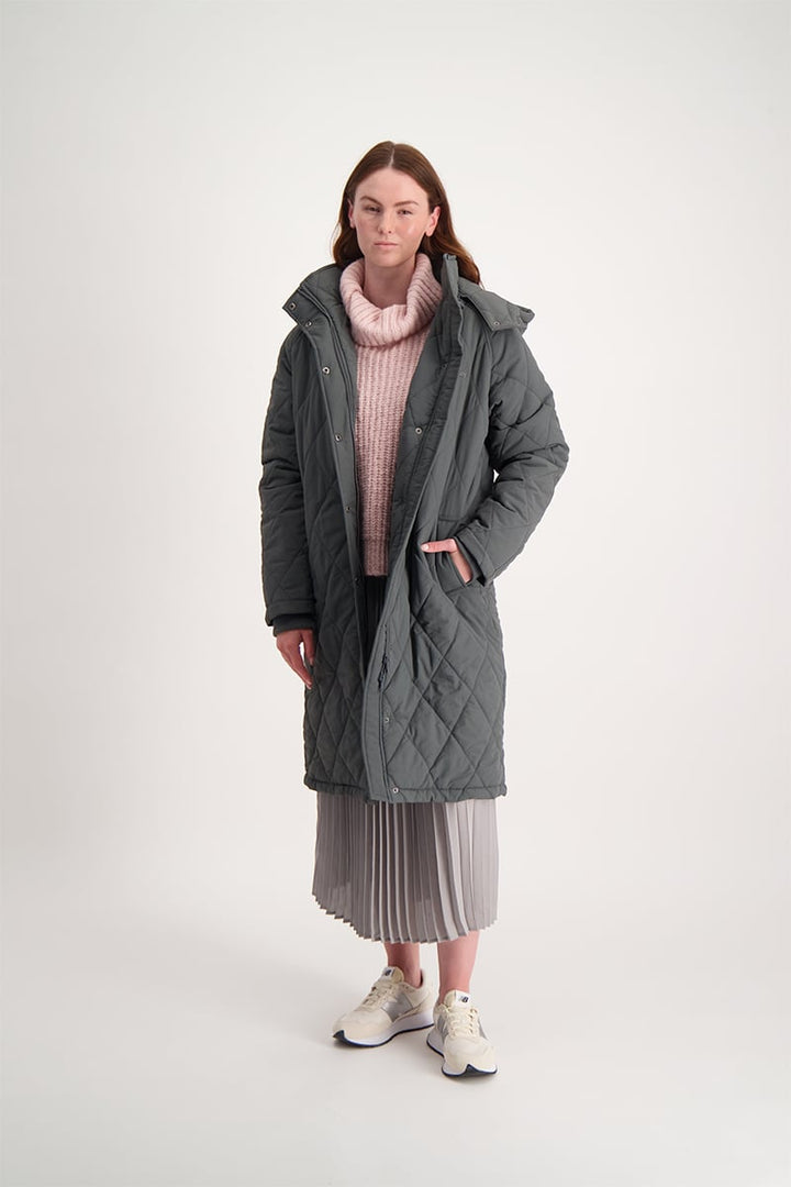 Longer Length Puffer Jacket With Reflective Print - Dark Grey