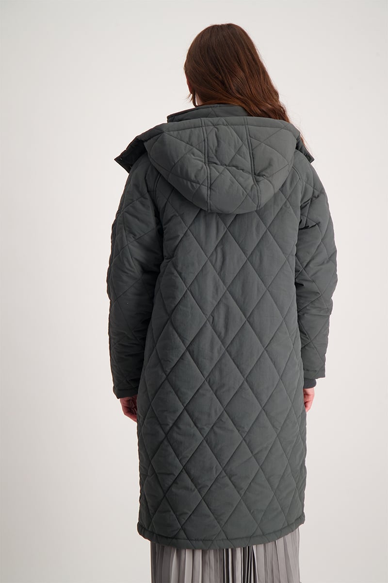 Longer Length Puffer Jacket With Reflective Print - Dark Grey