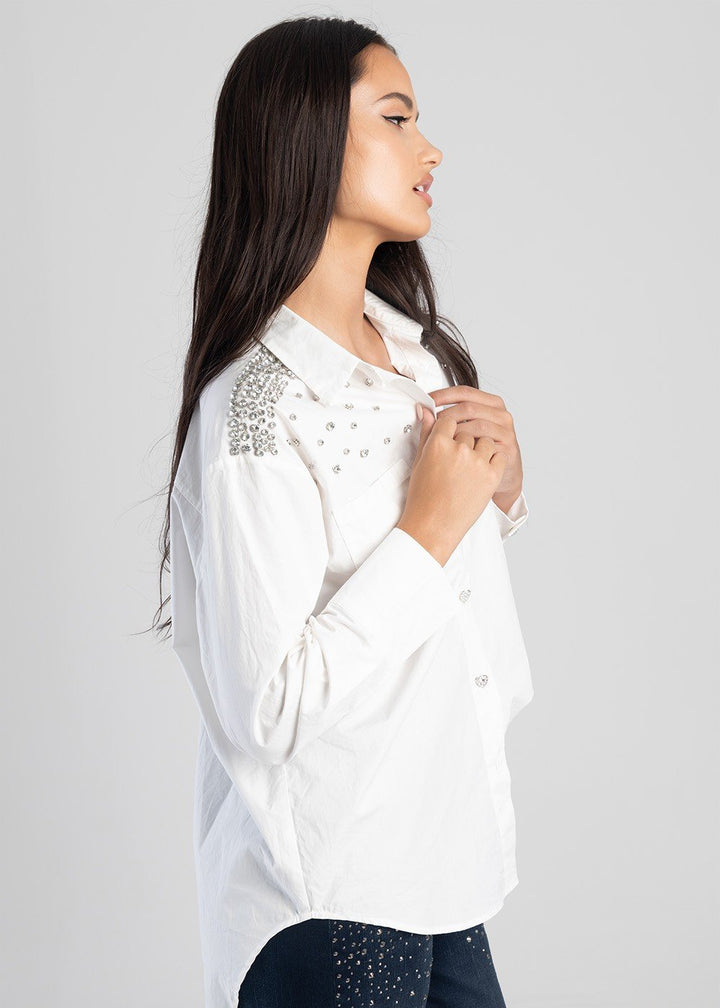 Long Sleeve Poplin Shirt With Diamond Embellishment - White