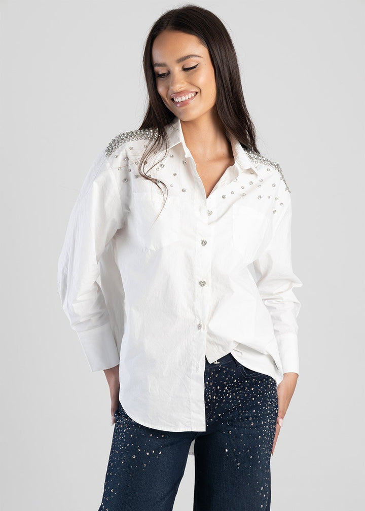 Long Sleeve Poplin Shirt With Diamond Embellishment - White