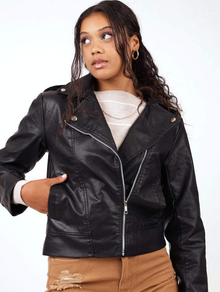 Ladies PU Biker Jacket - Black