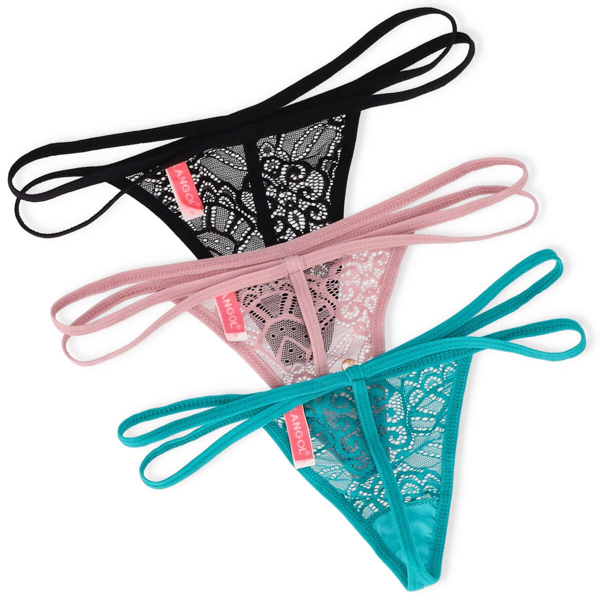 Ladies 3 Pack Lace Strappy T-String Panty - Two-tone