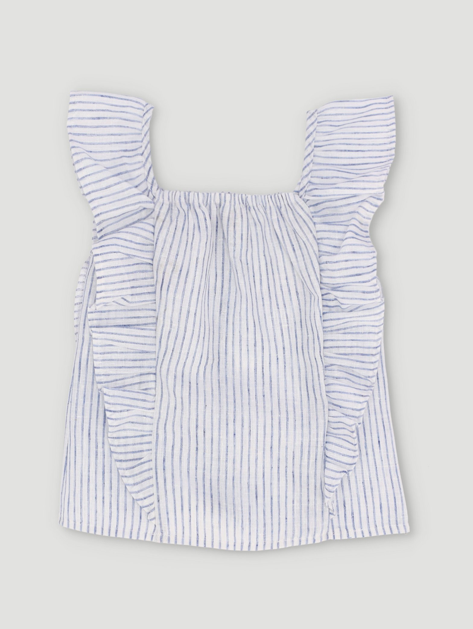 Pre-Girls Striped Linen Top With Buttons - Duck Egg
