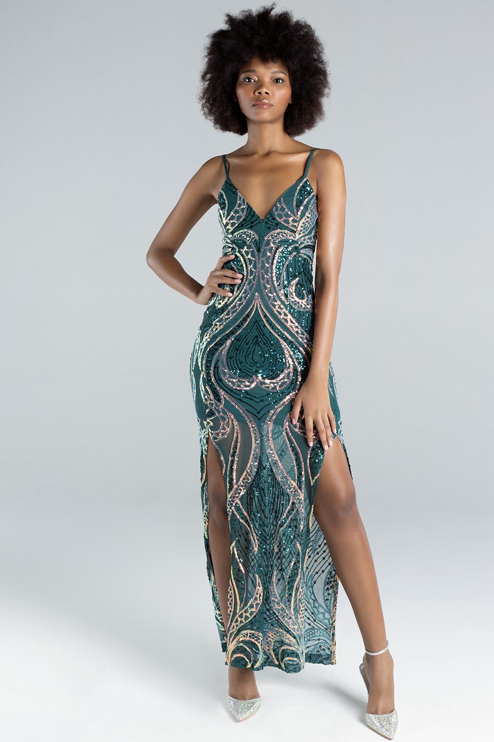 Ladies Sequin Strap Maxi Dress - Emerald