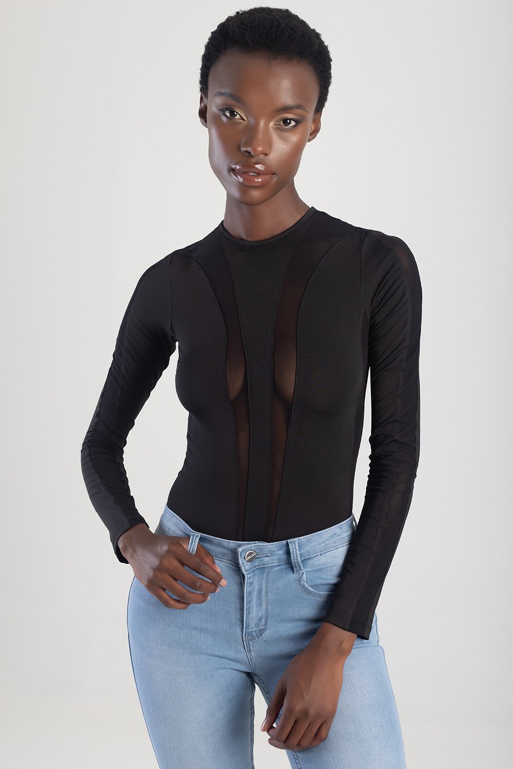 Long Sleeve Bodysuit With Insets - Black