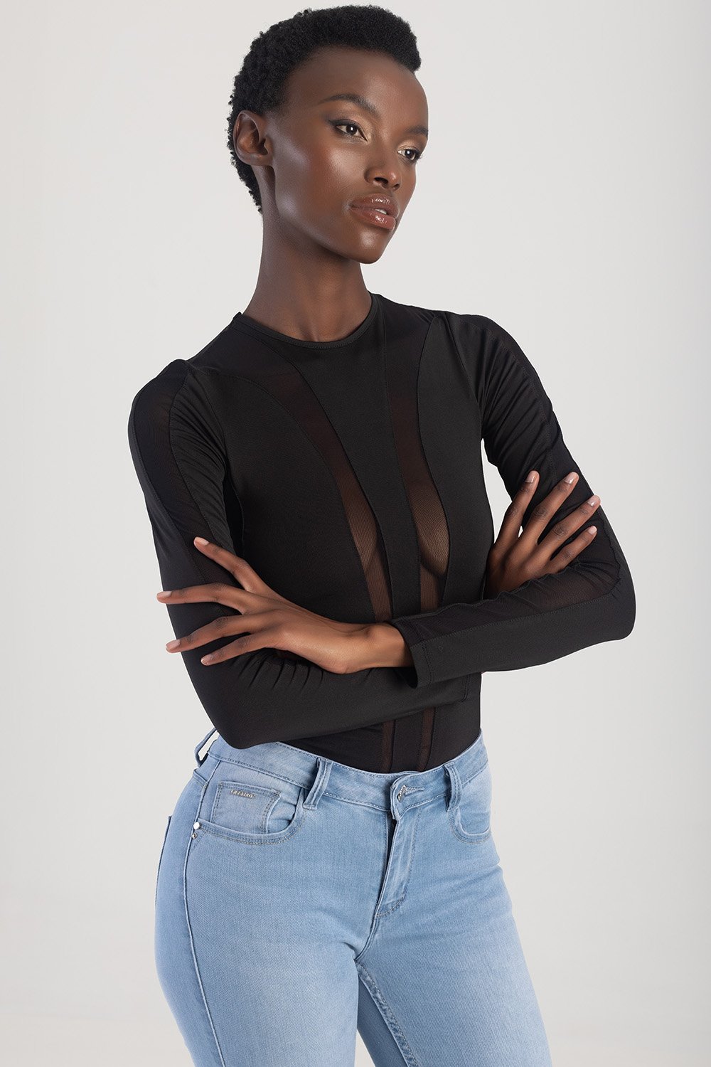 Long Sleeve Bodysuit With Insets - Black