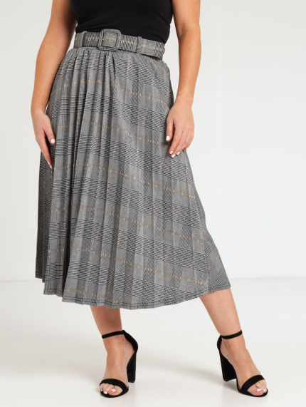 Ladies Check Pleated Skirt With Belt - Grey