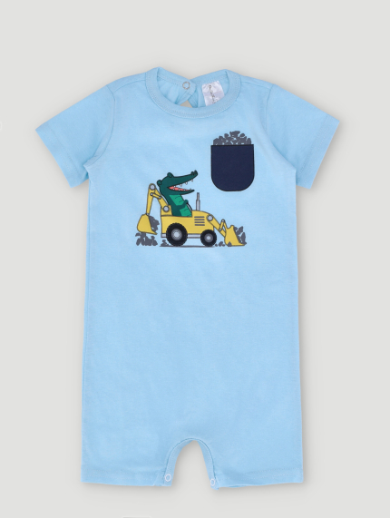 Baby Boys Romper With Digger Truck & Dino - Light Blue
