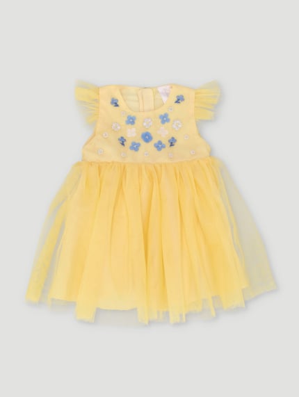 Baby Girls 3D Flower Party Dress - Yellow