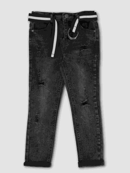 Pre-Boys Fashion Belted Rip Denim Jeans - Black