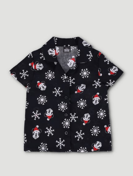 Pre-Girls Mickey Christmas Button Through Top - Black