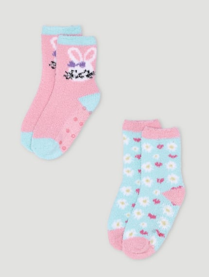 Pre-Girls 2 Pack Bunny Daisy Fluffy Socks - Pink