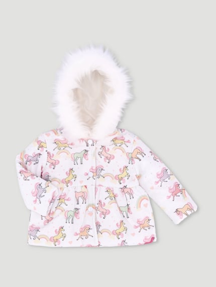 Baby Girls Unicorn Puffer Jacket - White
