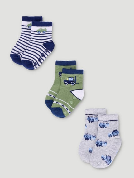 Baby Boys 3 Pack Cotton Cars Socks - Olive