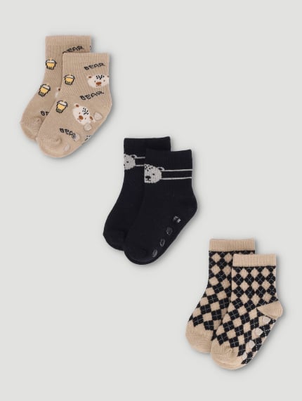 Baby Boys Bear Cotton Socks - Black/Cream