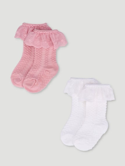 Baby Girls 2 Pack Knee High Lace Socks - Cream