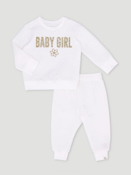Baby Girls 2 Piece Quilted Print Set  - White