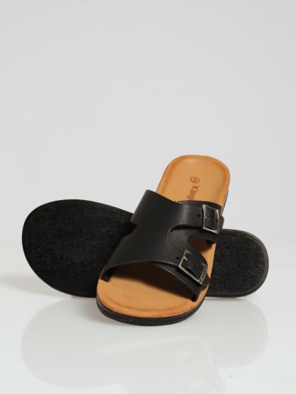Kelly Leather Double Strap Buckle Mule Sandal - Black