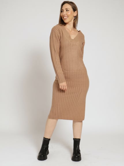 Long Sleeve V-Neck Midaxi Jersey Dress - Taupe