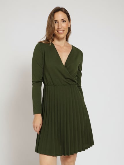 Long Sleeve Wrap Pleated Dress - Olive