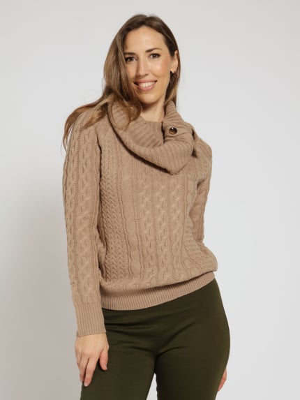 Button Detail Extended Collar With Cable Knit Pullover - Taupe
