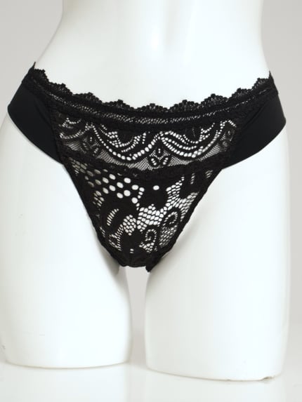 Lace Inset Brazilian Panty - Black