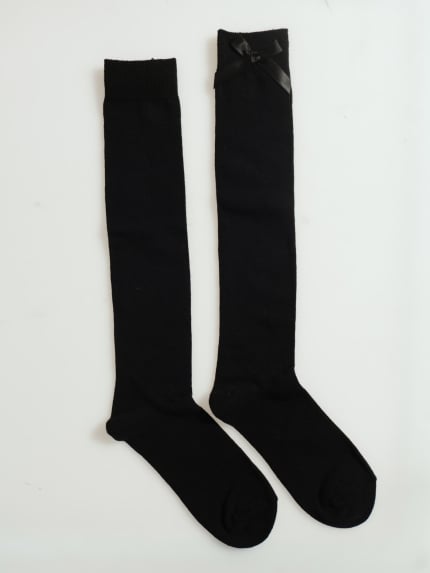 Girls Knee High Satin Bow Sock - Black