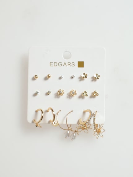 9 Pack Pearl & Flower Earrings - Gold