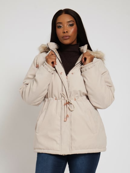 Sherpa Lined Parker Jacket With Detachable Hoody - Stone