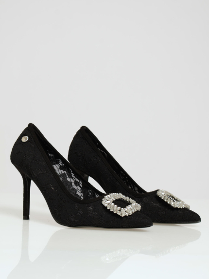Lace Embrace Buckle Trim Pointed Heel - Black