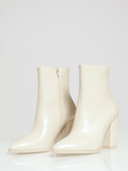 France Pointed Toe Block Heel Ankle Boot - White