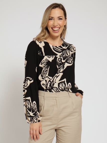 Long Sleeve Floral Peasant Blouse - Black/Fawn