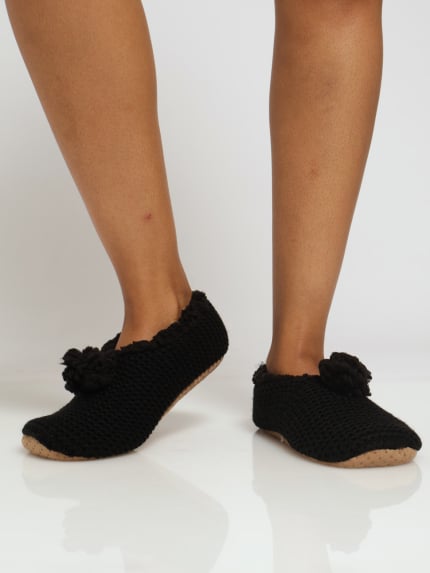 Pom Pom Knit Slipper Socks - Black