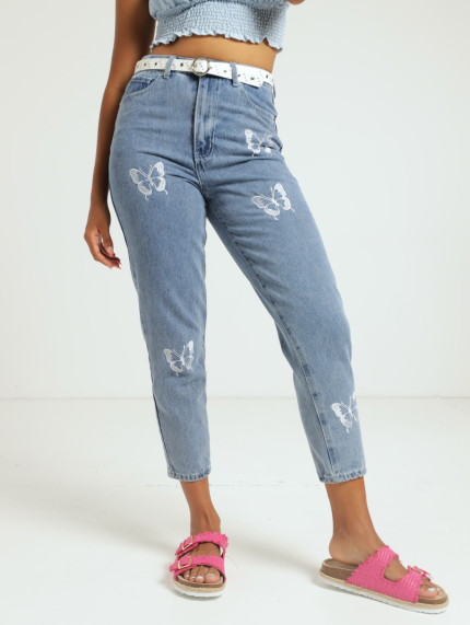 Butterfly Embossed Belted Mom Jean - Salty Mid Wash