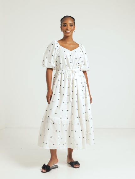 Bubble Sleeve V-Neck Maxi Dress - White/Black