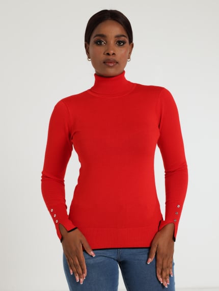 Button Cuff Polo Pullover Knitwear - Red