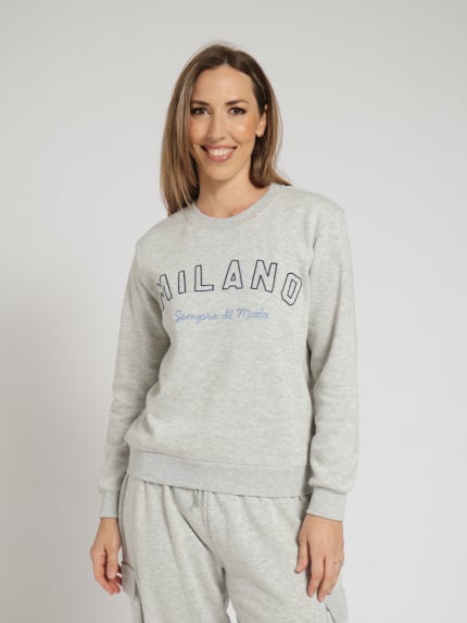 Milano Fleece Pullover With Embroidery - Grey Melange