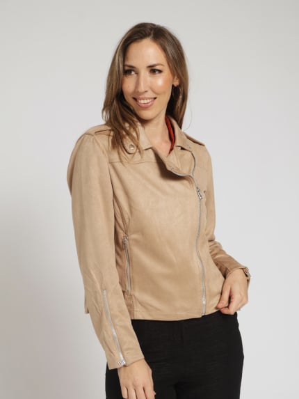 Suede Biker Jacket With Epaulettes - Taupe
