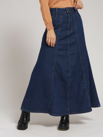A-Line Panelled Maxi Skirt - Mid Blue