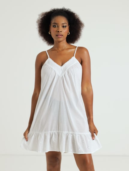 Woven Night Dress With Anglaise Detail - White