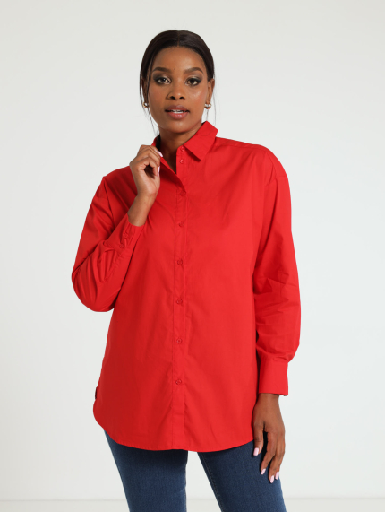 Long Sleeve Oversized Curved Hem Poplin Shirt - Red
