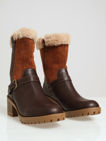 Fur Lined Multi Fabric Cleated Sole Boots - Brown