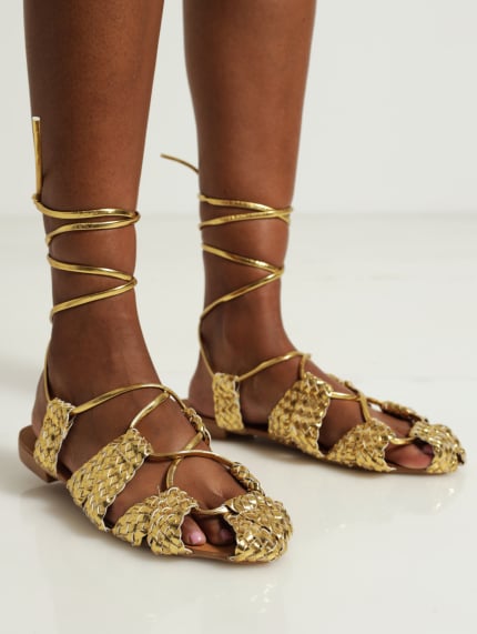Weave Strap Lace-Up Sandals - Gold