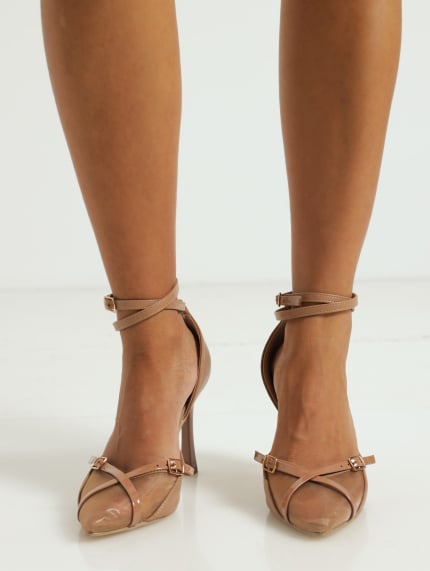 V-Cut Mesh With Cross Tape Stiletto Court Heel - Taupe
